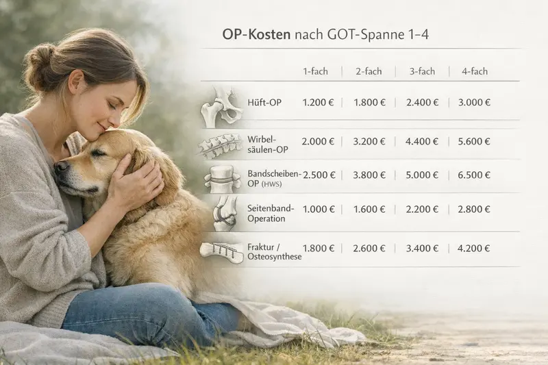 Infografik zu den GOT-Kosten für Hundeoperationen wie Hüfte und Wirbel