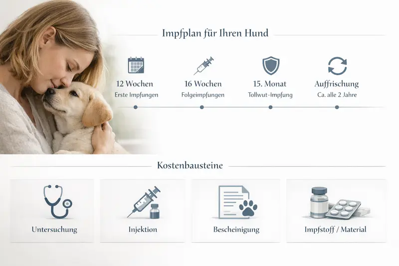 Infografik zur Impfplanung für Hunde mit Timeline und Kostenübersicht