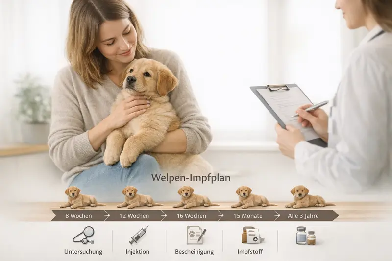 Infografik zur Impfplanung für Welpen mit Zeitlinien und Kosten für Impfungen und tierärztliche Untersuchungen.