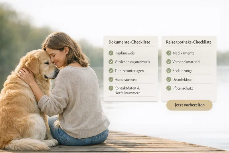 Kompakte Checkliste für Hundebesitzer mit wichtigen Dokumenten und Reiseapotheke.