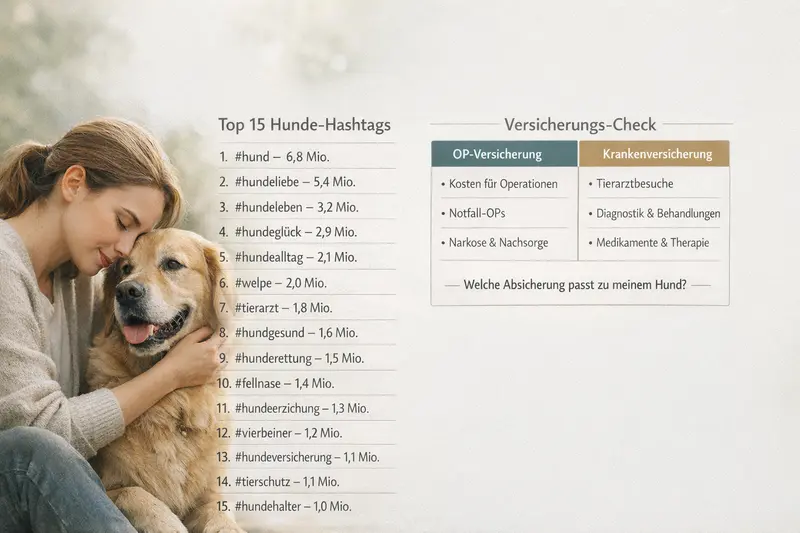 Infografik mit den Top 15 Hashtags zu Hundeversicherungen und einem Versicherungs-Check für OP- und Krankenversicherungen.