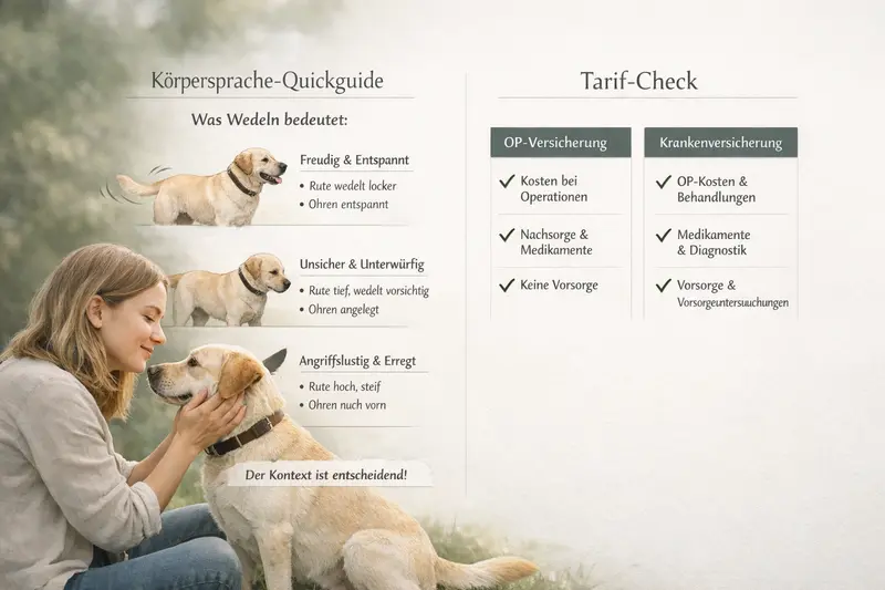 Infografik über die Körpersprache von Hunden, die das Wedeln, die Rutenposition und die Ohrenhaltung zeigt, neben einem Tarif-Check für OP und Krankenversicherung.