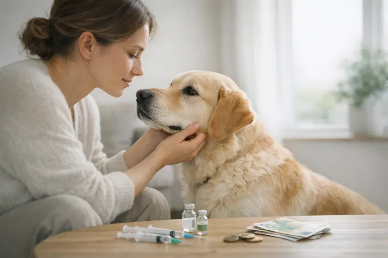 Infografik, die die Kosten und Intervalle für Impfungen bei einem Welpen im Vergleich zu einem erwachsenen Hund darstellt.