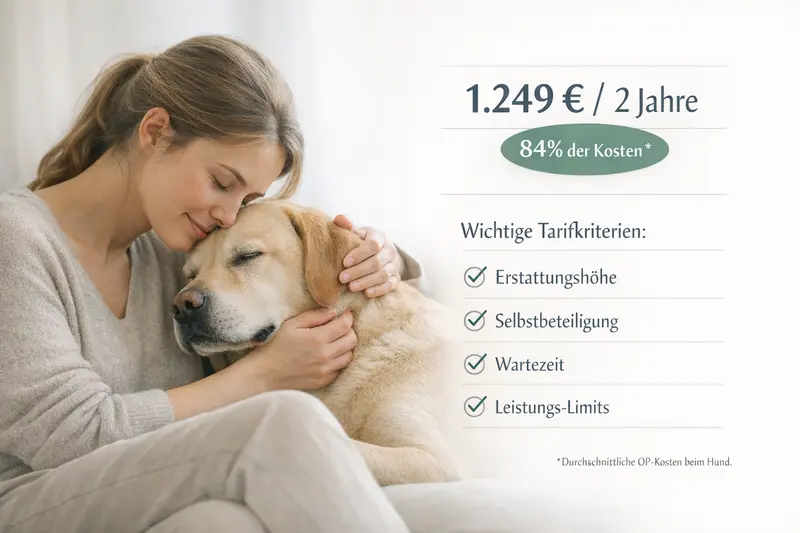 Infografik zu den Kosten einer Hundekrankenversicherung mit einer Mini-Checkliste der Tarifkriterien.