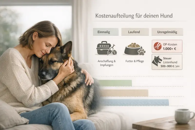 Infografik zur Kostenaufteilung für Hundehaltung mit Schwerpunkten auf OP-Kosten und Steuer für Listenhunde.