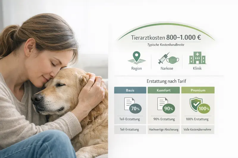 Infografik zur Kostenspanne für tierärztliche Behandlungen bei Hunden sowie Faktoren wie Region und Narkose.