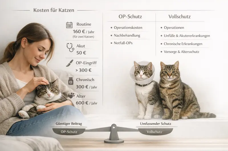 Infografik zeigt die Kostenbandbreite für die Tierarztversorgung von Katzen im Vergleich zu Versicherungen.