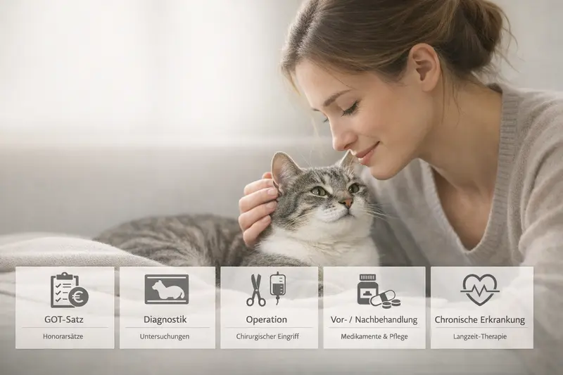 Infografik über die Kostenbausteine einer tierärztlichen Behandlung für Katzen, inklusive GOT-Satz, Diagnostik, OP, Vor- und Nachbehandlung sowie chronische Erkrankungen.