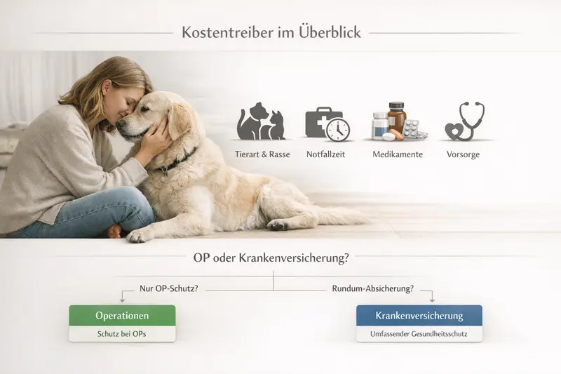 Infografik zur Übersicht von Kostentreibern für Haustierhalter, einschließlich Tierart, Versicherungsoptionen und Notfallkosten.