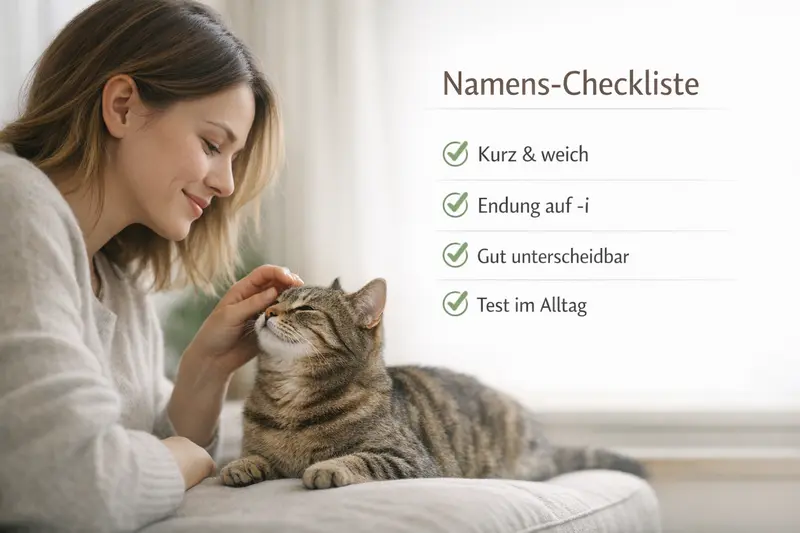 Infografik zur Namens-Checkliste für Katzen mit Hilfestellungen zur Auswahl eines geeigneten Katzennamens.