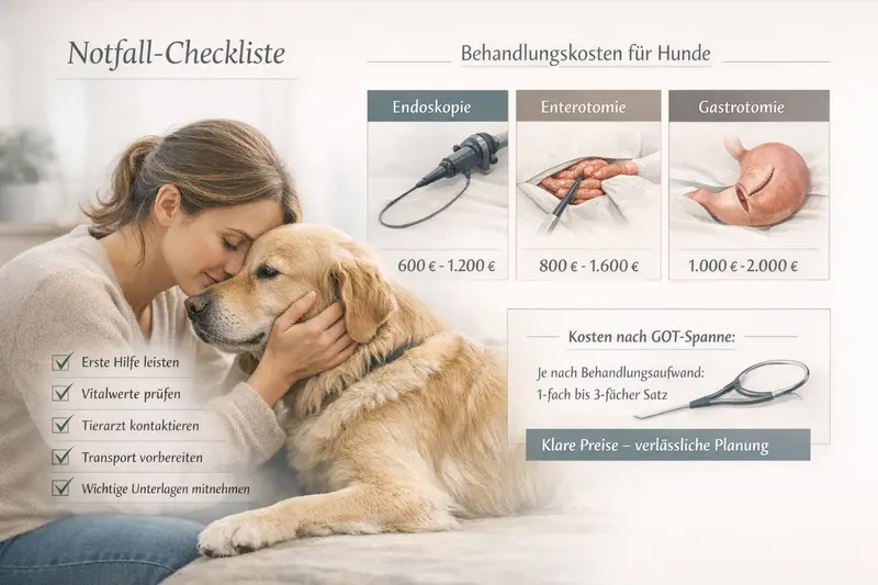 Infografik mit Notfall-Checkliste für Hundebesitzer und Kostenbeispielen für Endoskopie, Enterotomie und Gastrotomie.