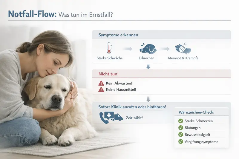 Infografik zeigt Notfall-Flow für Hunde mit Symptomen und Handlungsempfehlungen.