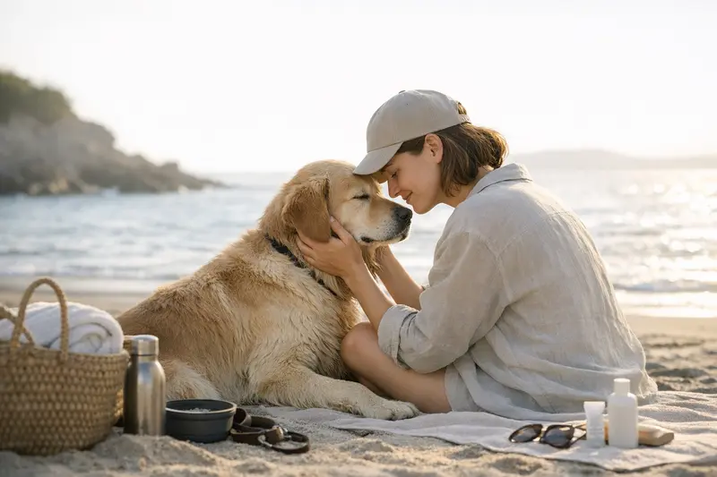 Eine Infografik, die eine Packliste und einen Sicherheits-Check für Hunde am Meer zeigt.