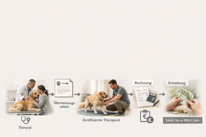 Visualisierung des Prozesses vom Tierarzt über die Überweisung zu einem zertifizierten Therapeuten bis zur Erstattung der Kosten für Hundebesitzer.