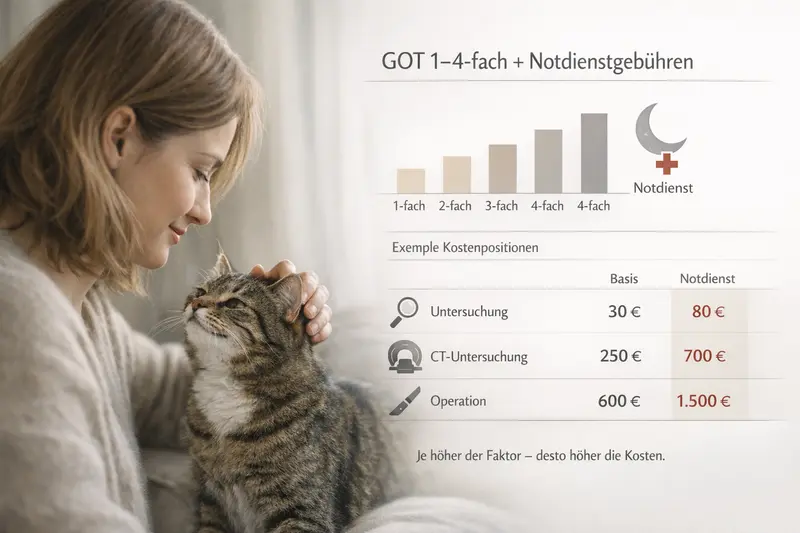Infografik zu Tierarztkosten für Katzen mit GOT 1–4-fach und Notdienstgebühren.