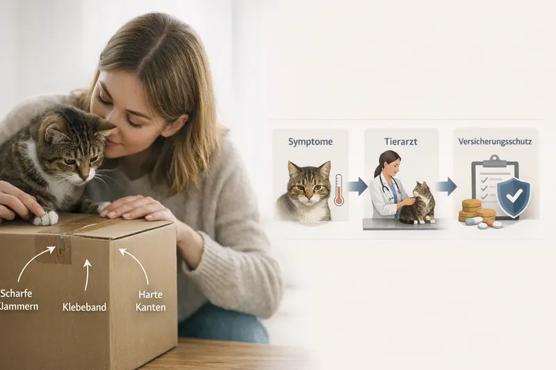 Eine Infografik zeigt den Sicherheitscheck am Karton für Katzen mit Klammern, Klebeband und Kanten.