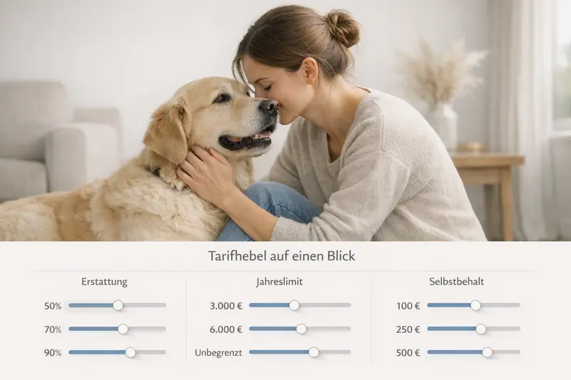 Infografik zu Tarifhebeln für Hundeversicherungen mit Erstattungsoptionen und Selbstbehalten