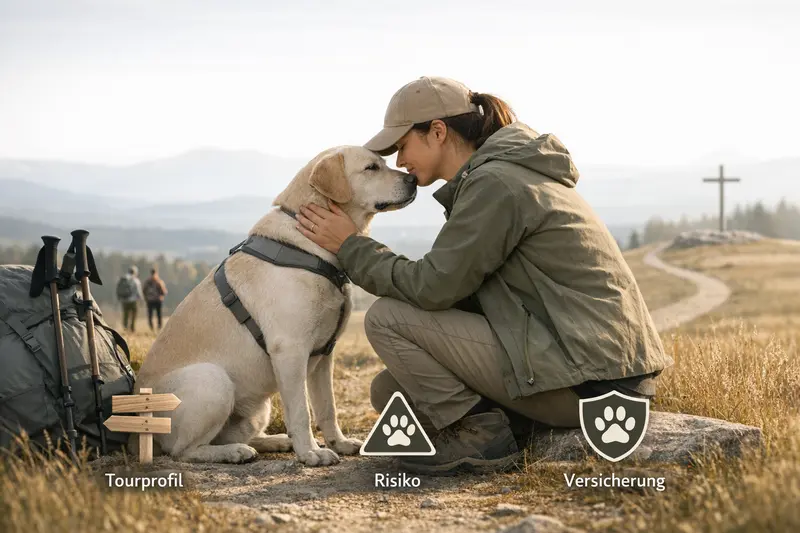 Infografik über das Tourprofil von Hunden, welche Risiken und passende Versicherungen zeigt.