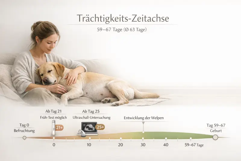 Infografik zur Trächtigkeits-Zeitachse für Hunde mit wichtigen Markern.
