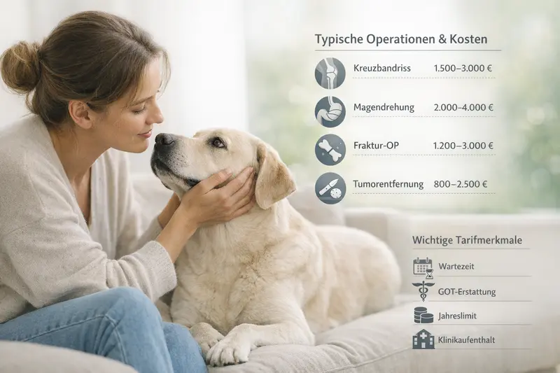 Infografik zeigt typische Operationen bei Hunden mit Kosten und Tarifmerkmalen.