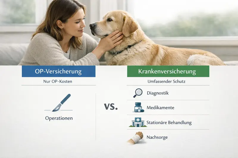 Infografik, die die Unterschiede zwischen OP-Versicherung und Krankenversicherung für Hunde veranschaulicht.