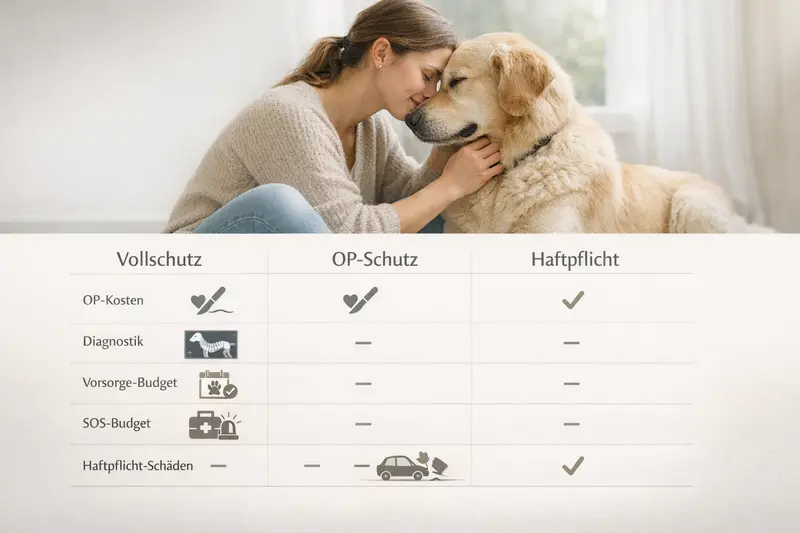 Infografik zum Vergleich von Vollschutz, OP-Schutz und Haftpflicht für Hunde mit entsprechenden Icons.