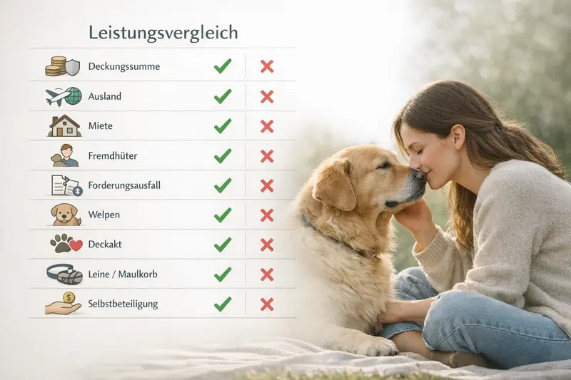 Infografik zur Hundeversicherung mit Vergleichscheckliste für wichtige Leistungen wie Deckungssumme und Auslandsschutz.