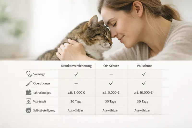 Vergleichsmatrix für Katzenversicherungen mit Informationen zu Vorsorge, OP, Budgets und Wartezeiten.