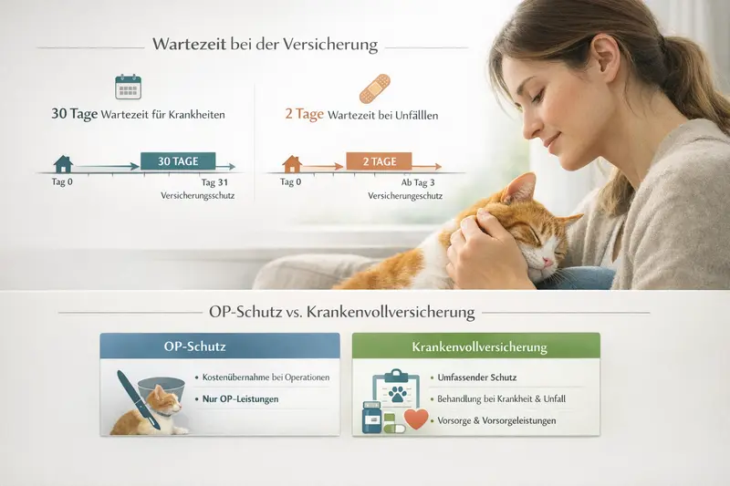 Infografik zur Wartezeit für Katzenversicherung und Vergleich zwischen OP-Schutz und Krankenvollversicherung.
