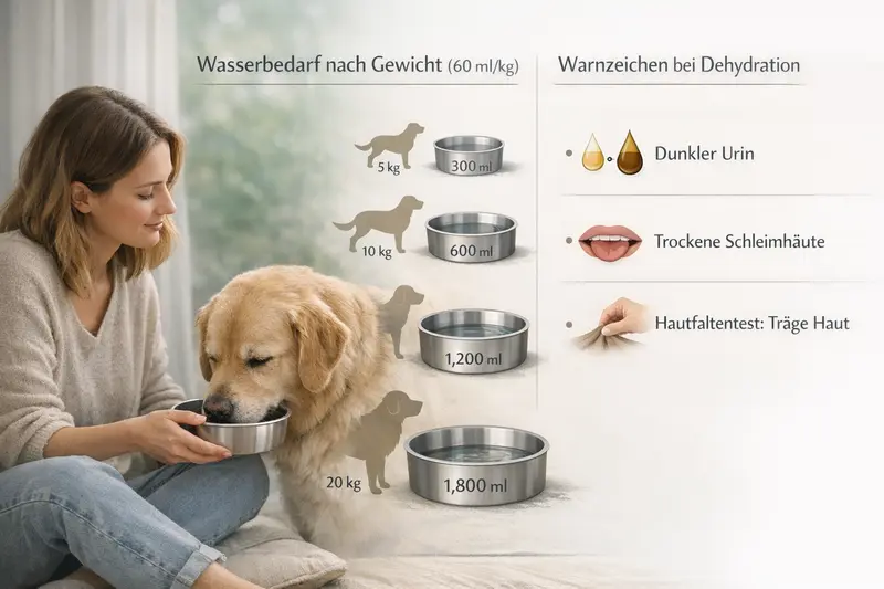 Infografik zeigt den Wasserbedarf von Hunden nach Gewicht sowie wichtige Warnzeichen zur Gesundheit.