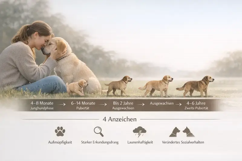 Infografik Zeitstrahl zur Hundeentwicklung von 4 bis 6 Jahren mit Anzeichen für die zweite Pubertät.