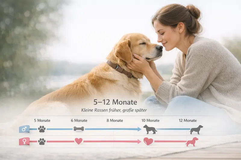 Eine Infografik zeigt den Zeitstrahl zur Tiergesundheit von Hunden zwischen 5 und 12 Monaten, unterteilt in Rüde und Hündin, mit Hinweis auf kleinere Rassen, die früher betroffen sind.