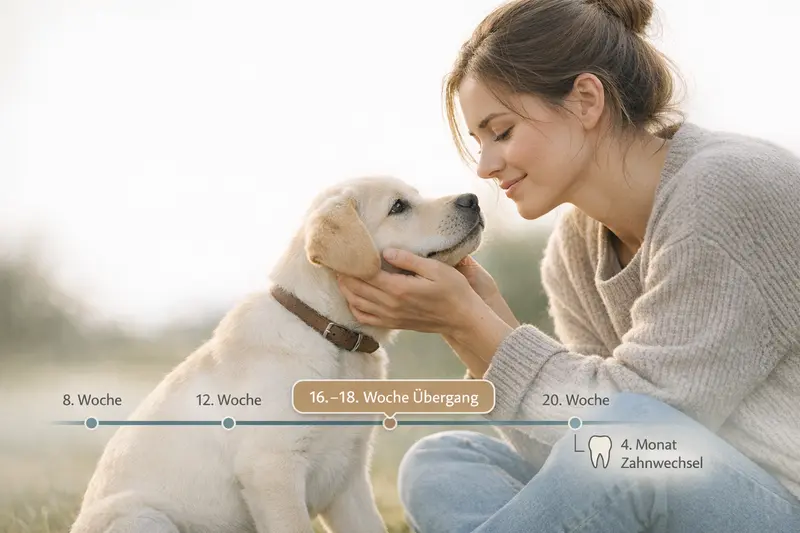 Zeitstrahl zur Hundeverwaltung von der 8. bis 20. Woche mit wichtigen Entwicklungsmomenten wie Zahnwechsel und Übergangszeit.