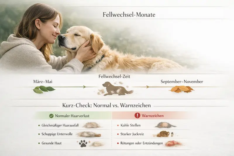 Infografik über den Fellwechsel beim Hund mit Zeitstrahl und Warnzeichen.