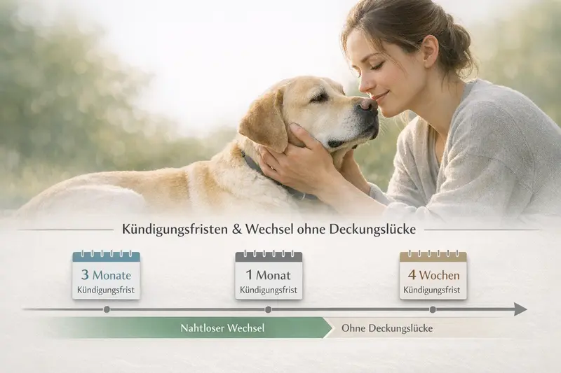 Infografik zeigt einen Zeitstrahl mit Kündigungsfristen für Hundeversicherungen und Hinweise zu einem Wechsel ohne Deckungslücke.