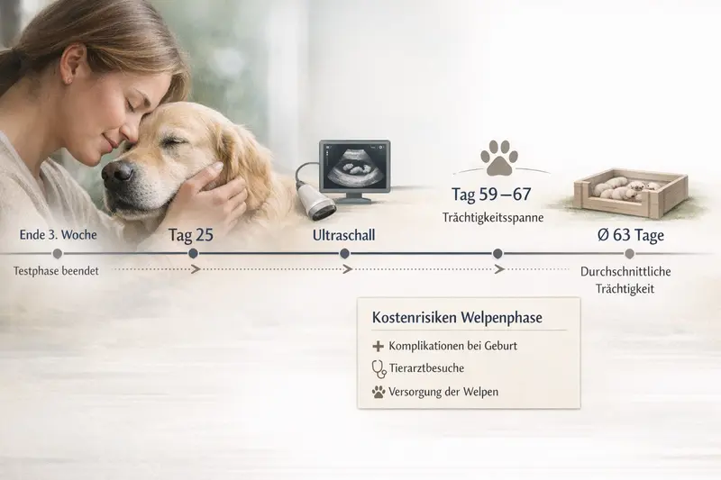 Infografik zeigt den Zeitstrahl für die Entwicklung eines Hundewelpen mit wichtigen Meilensteinen.