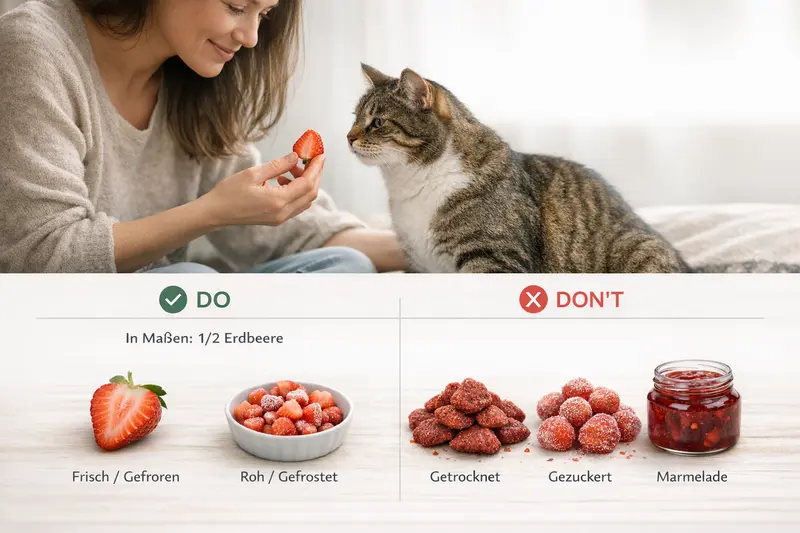 Eine Infografik zeigt, welche Erdbeeren für Katzen geeignet sind und welche nicht.