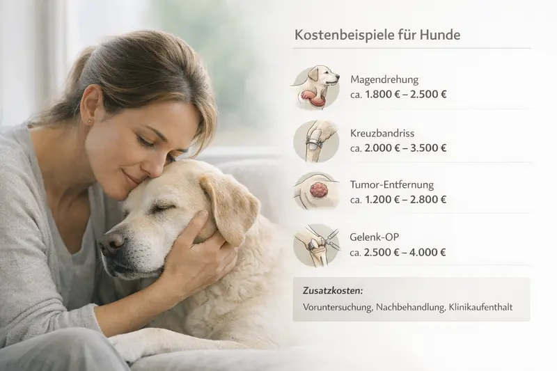 Infografik zeigt Kostenbeispiele für Hundekrankheiten wie Magendrehung und Kreuzbandriss.