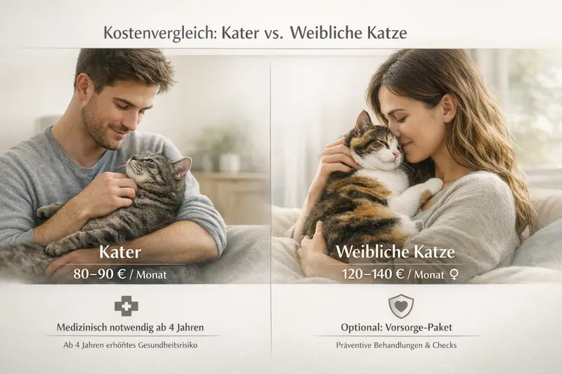 Kostenvergleich zwischen Katern und weiblichen Katzen für eine Tierarztversicherung.