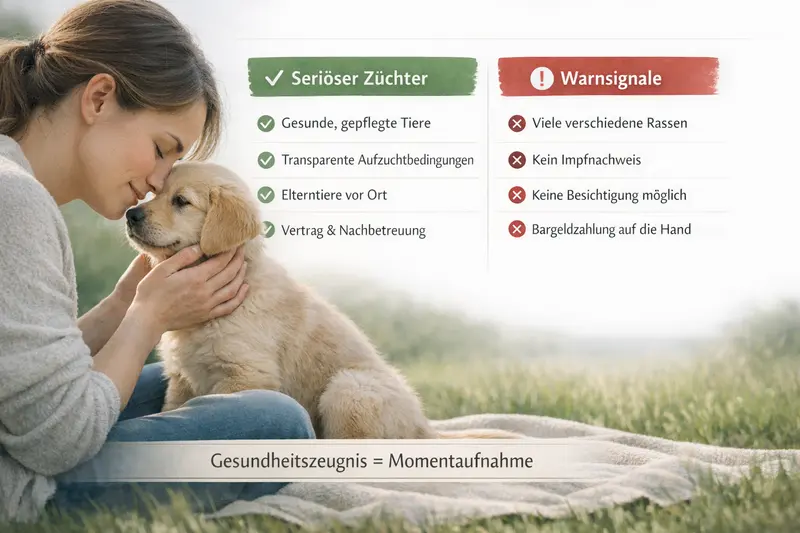 Infografik mit Checkliste zu seriösen Züchtern und Warnsignalen bei Hundezüchtern.