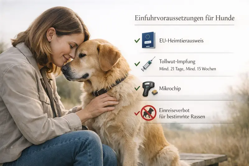 Infografik zur Einfuhr von Hunden mit Informationen über EU-Heimtierausweis, Tollwutimpfung, Mikrochip und Rasseimporte.
