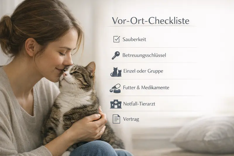 Infografik mit der Checkliste für den Vor-Ort-Check bei Katzen, inklusive Sauberkeit und Betreuungsschlüssel.