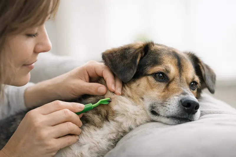 Eine Anleitung zur korrekten Anwendung einer Zeckenzange an einem Hund ohne Quetschen.