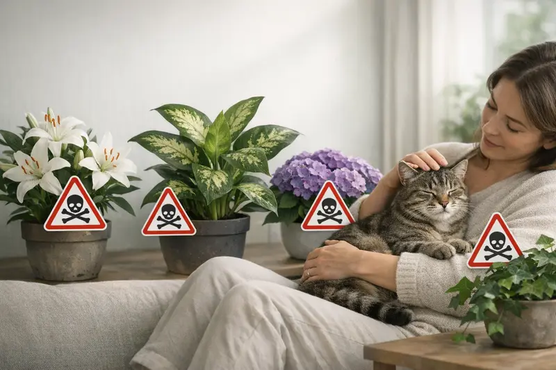 Eine kompakte Checkliste zeigt häufig giftige Zimmer- und Gartenpflanzen für Katzen.