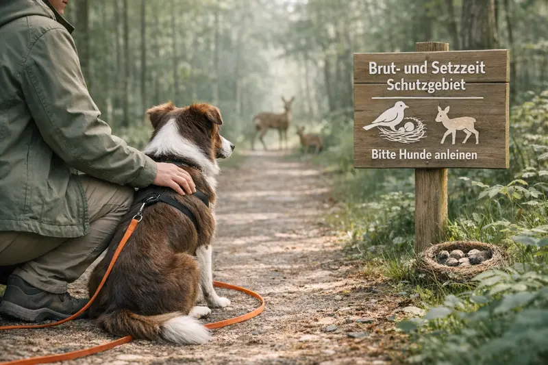 Ein Hund an einer Schleppleine auf einem Waldweg, umgeben von Natur während der Brut- und Setzzeit.