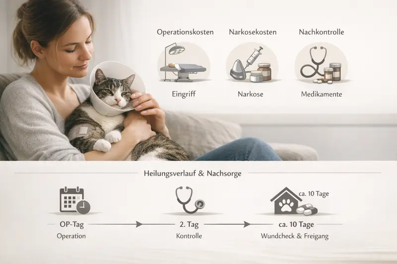 Visualisierung der Kosten und Abläufe einer Katzenoperation mit Zeitstrahl und Kostenbausteinen.