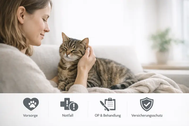 Infografik zur Kosten- und Absicherungslogik für Katzen mit Fokus auf Vorsorge, Notfall, OP und Versicherungsschutz.