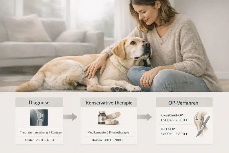 Infografik zum Behandlungspfad für ein Hundeknie mit Kosten und Therapieoptionen.