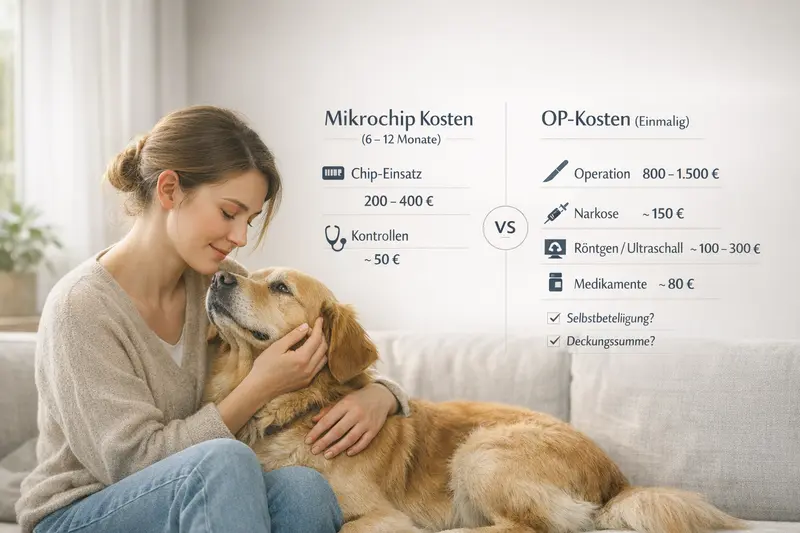 Grafik zum Vergleich von Behandlungskosten für Hunde: Chip vs. OP inklusive Zusatzkosten.