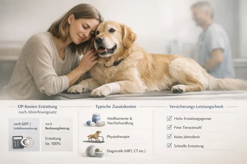 Grafik zeigt die OP-Leistungen nach Abrechnungssatz für Hunde inklusive typischer Zusatzkosten und Versicherungs-Leistungscheck.